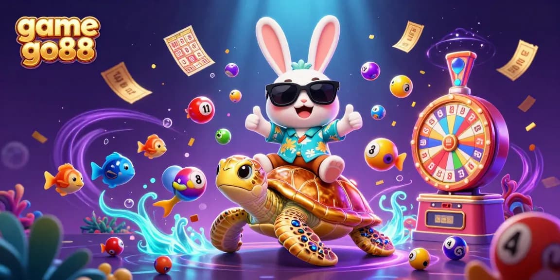 Engage with game go88's colorful lottery scene featuring a lucky rabbit and golden turtle.