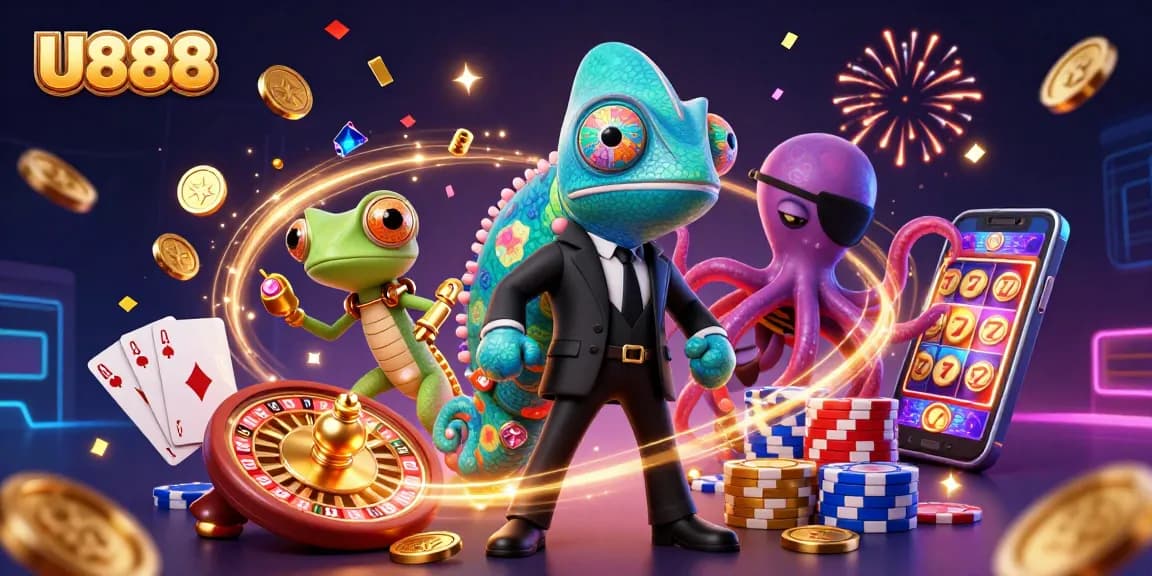 U888's dynamic gaming scene with a chameleon, gecko, and octopus immersed in casino action.
