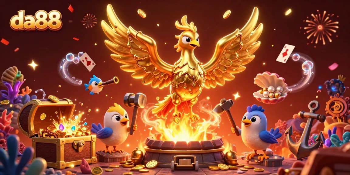 Experience immersive gameplay with da88's golden phoenix surrounded by treasures and excitement.