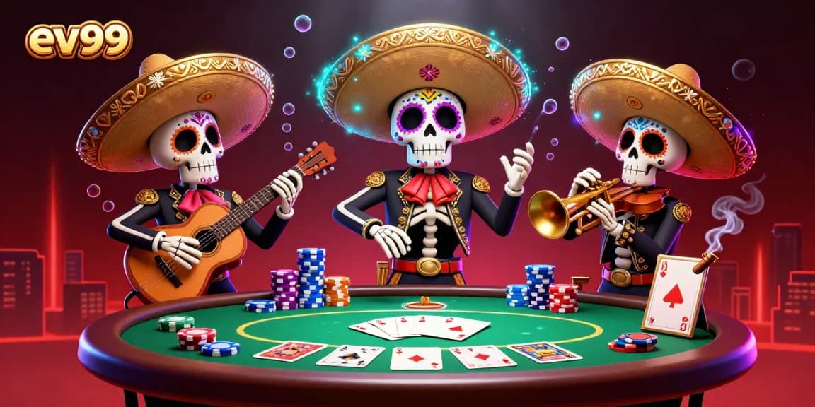 Experience the thrill of ev99 with vibrant mariachi skeletons at a lively poker table.
