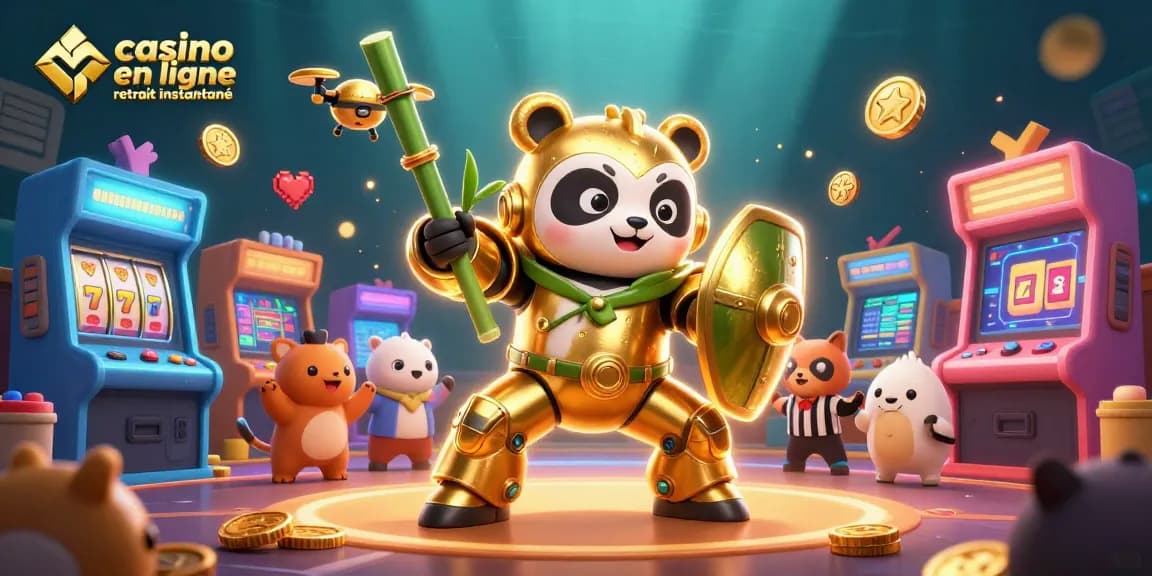 Découvrez l'illustration 3D de la scène casino en ligne retrait instantané avec un panda doré, entouré de machines à sous.