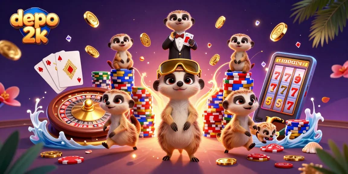Keceriaan permainan slot dengan depo 2k, bayi meerkat mencuri chip di antara elemen kasino yang cerah.