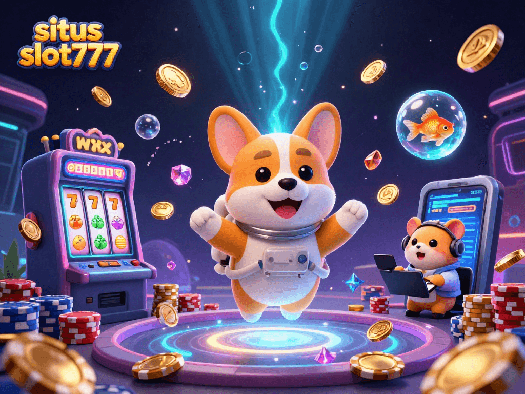 Experience high-stakes fun at situs slot777 with a vibrant 3D illustration of unique casino characters.