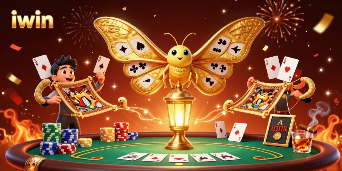 iwin casino scene with a golden-winged moth and vibrant poker elements.