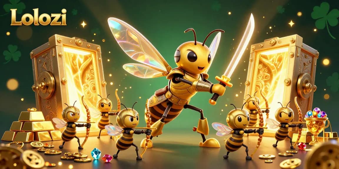 Lolozi’s dynamic gaming scene showcases a golden hornet samurai amidst overflowing treasure and vivid casino elements.