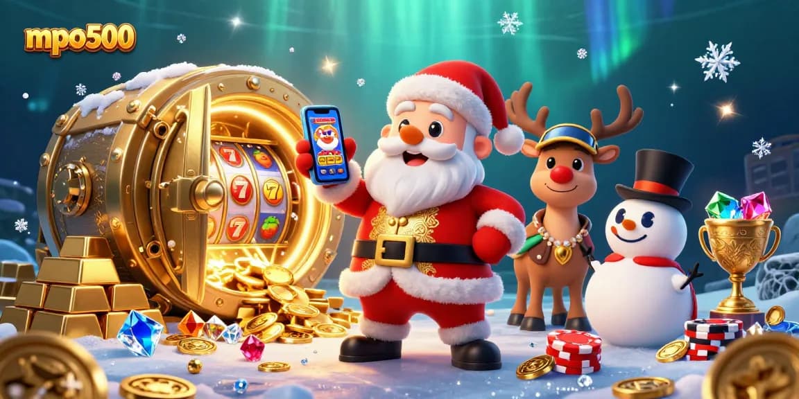 Experience mpo500 with festive fun as Santa showcases jackpot slots amidst a rich casino backdrop.