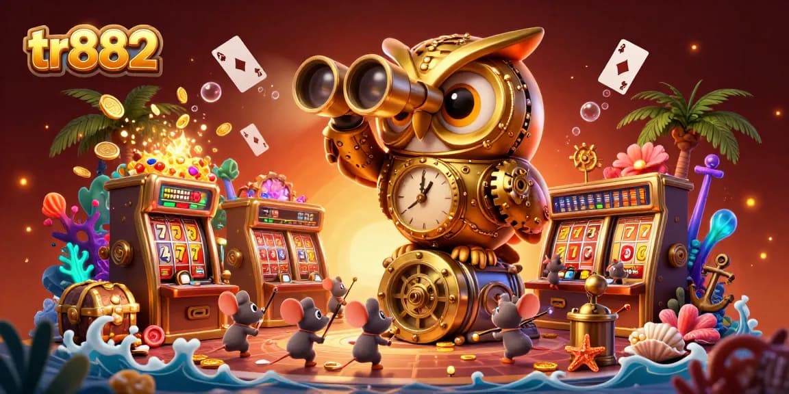 Watch the clockwork golden owl at tr882 oversee a vibrant casino atmosphere filled with excitement!
