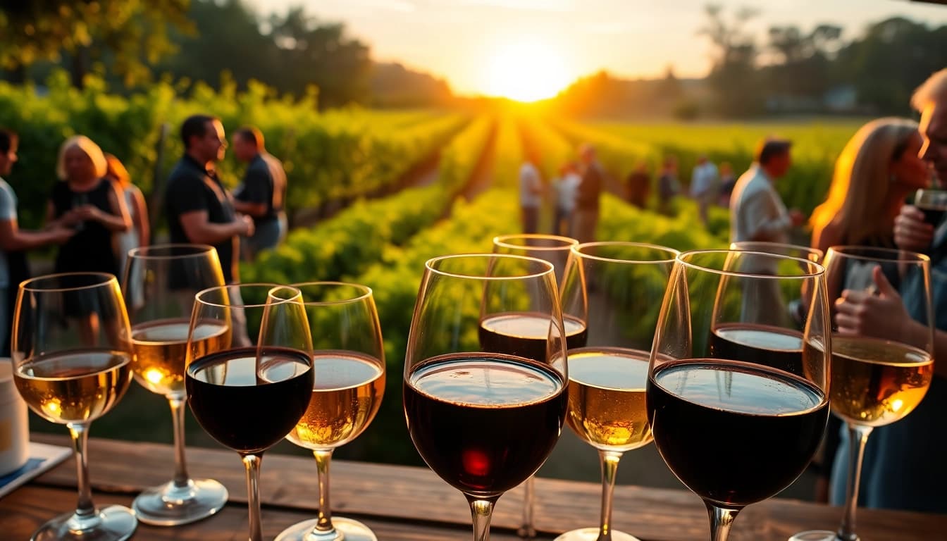 Enjoy clarksburg wine tasting with friends amidst scenic vineyards and a beautiful sunset.