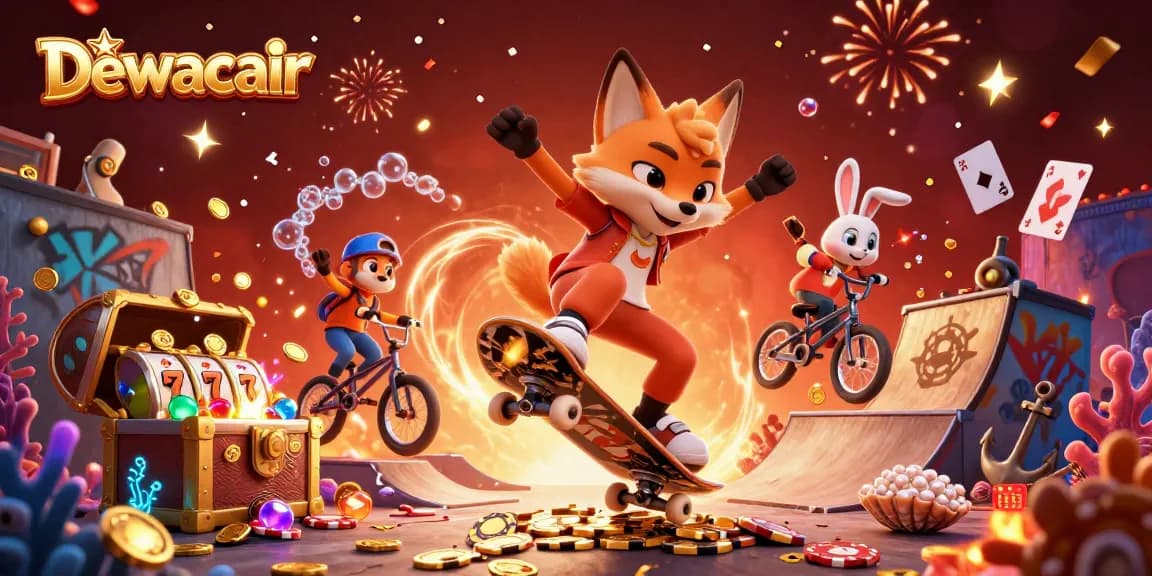 Dewacair showcases a vibrant 3D illustration of gaming characters amid casino elements, enhancing user engagement.