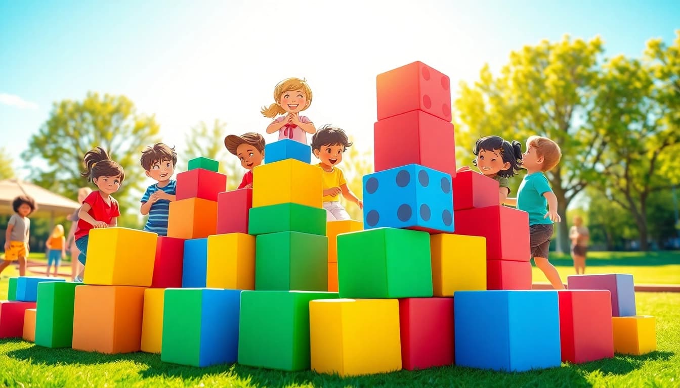 Children joyfully stacking giant foam building blocks for more details on creative play activities.