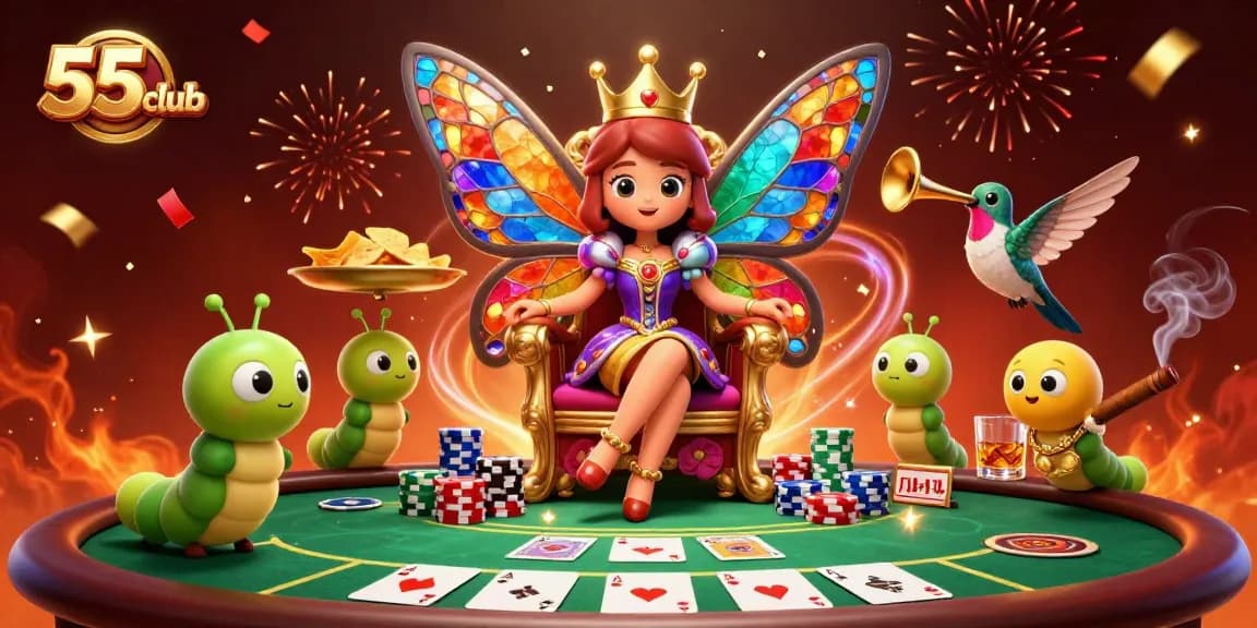 Engage with 55club's vibrant casino scene featuring a butterfly queen and poker elements.