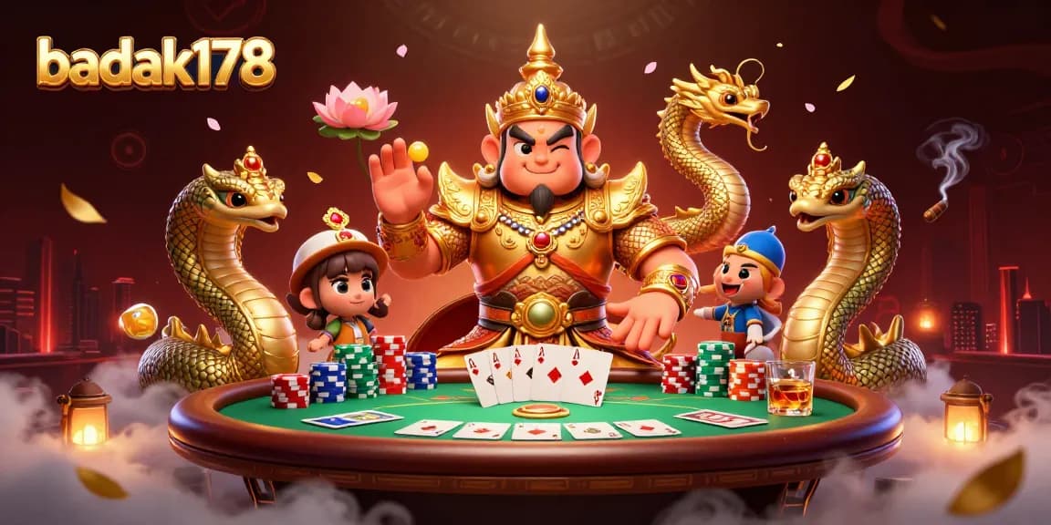 Engage with badak178's dynamic gaming scene featuring poker, gold accents, and mythical companions.