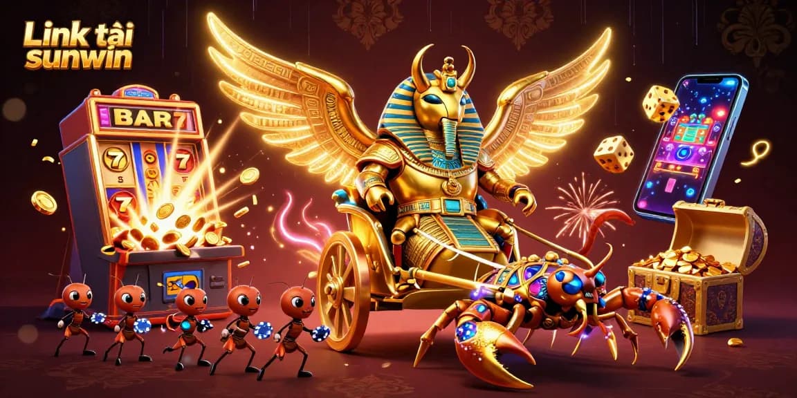 Play thrilling casino games with Link tải sunwin, showcasing a vibrant 3D illustration packed with excitement.