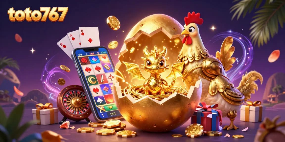 Mainkan slot dan togel bersama toto767 dengan ilustrasi naga emas dan chip poker yang menggoda.