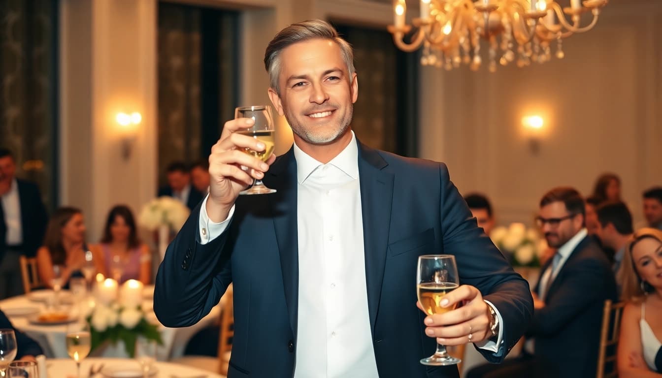 Gentleman confidently giving a toast at a wedding reception, celebrating with guests.