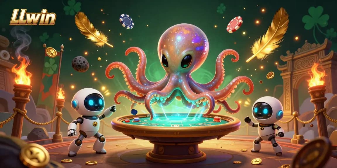 LLwin’s vibrant casino experience illustrated by an alien octopus at a holographic poker table