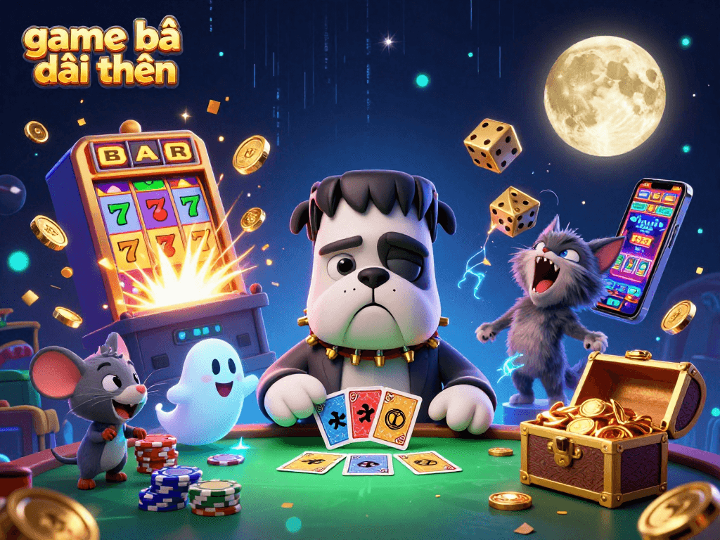 Engage in game bài đổi thưởng with a 3D cartoon Frankenstein bulldog monster at a vibrant casino table scene.