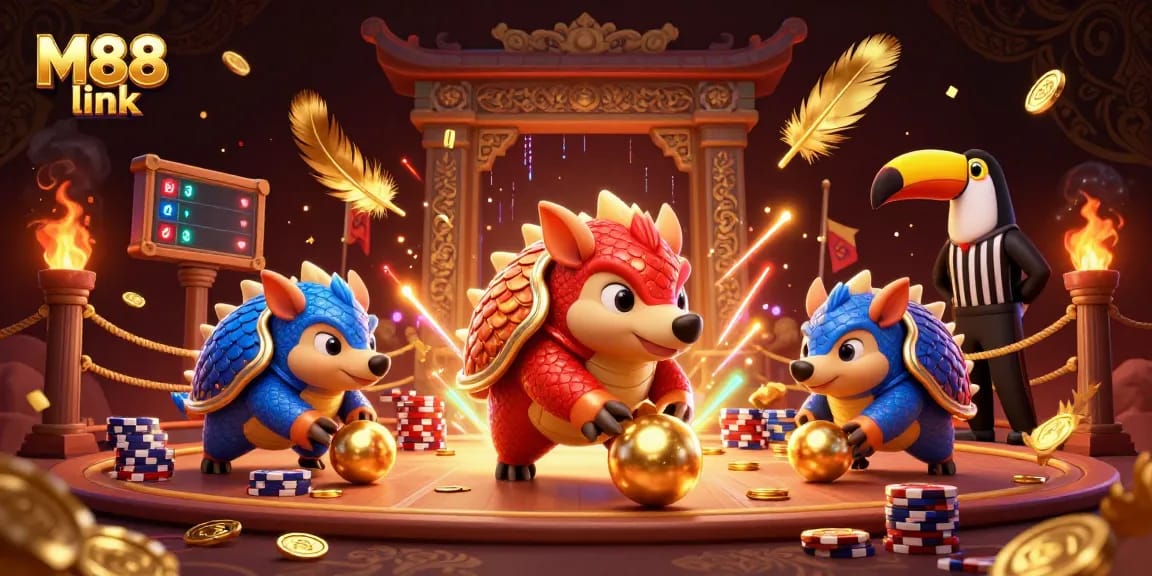 Experience thrilling action with M88 link as rival pangolins battle in a vibrant casino atmosphere.