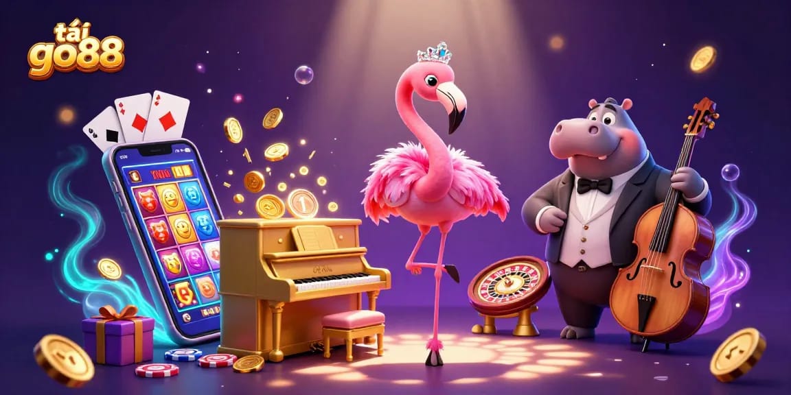 Engage in the excitement with tải go88, featuring a cartoon flamingo singer and hippo bassist in a vibrant casino scene.