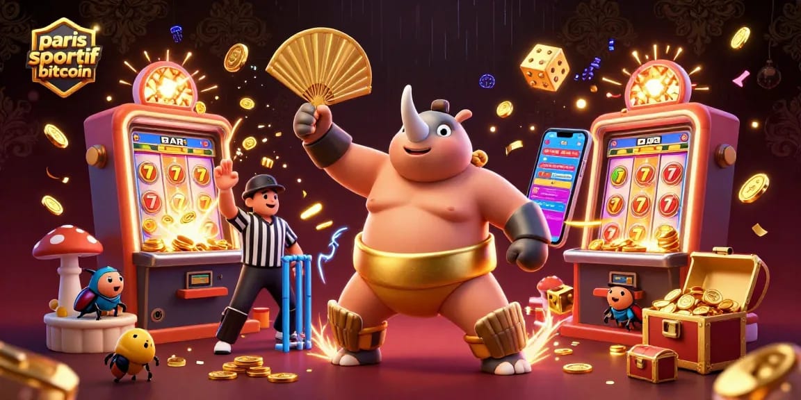 Visualisez un champion sumo rhinocéros en action dans paris sportif bitcoin, entouré d'éléments de jeu.