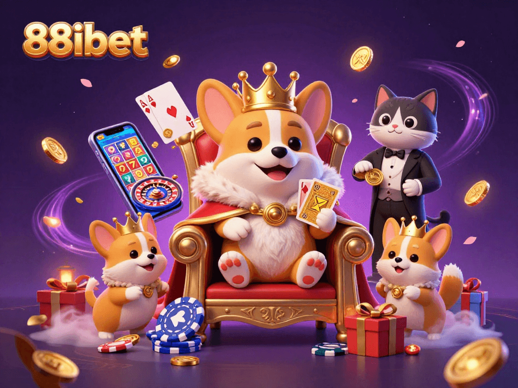 Engage with the vibrant essence of 88ibet as a royal corgi oversees a lively casino scene filled with joyful slot games and poker action.