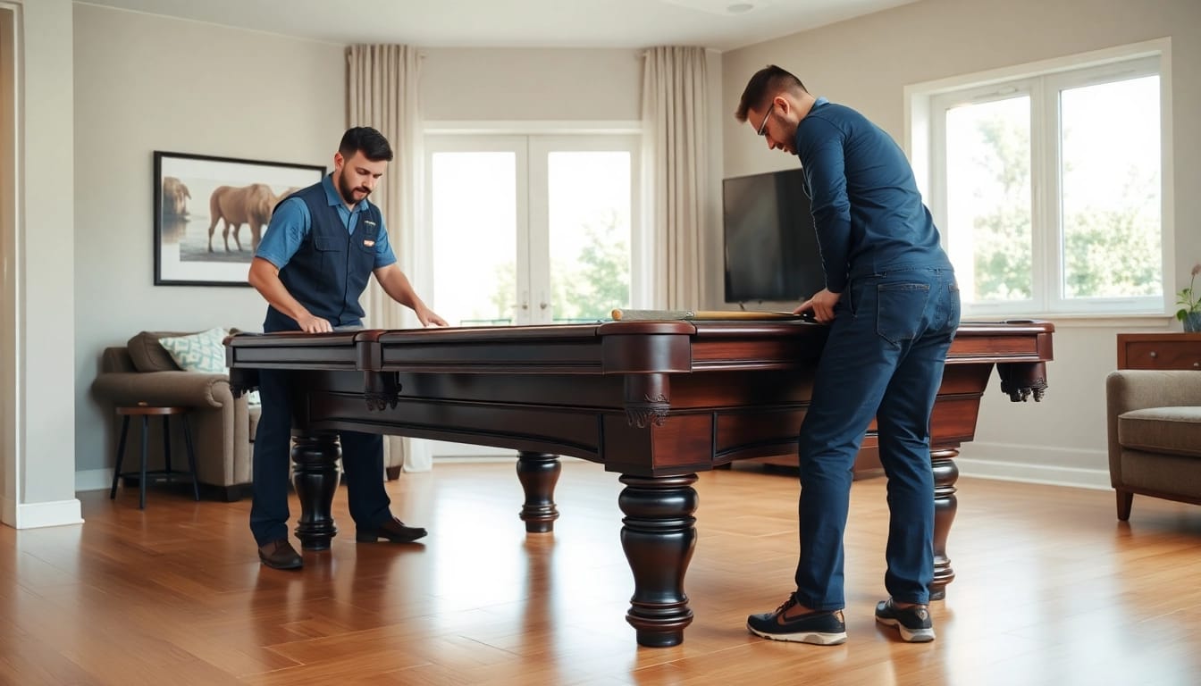Professional pool table mover disassembling a slate pool table with precision and care in a modern living room.