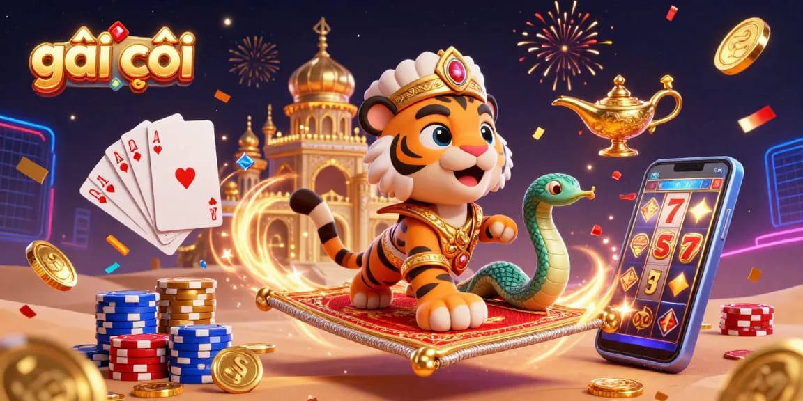 Experience the excitement of gái gọi with this vibrant 3D casino scene featuring a tiger sultan, poker chips, and cascading gold.