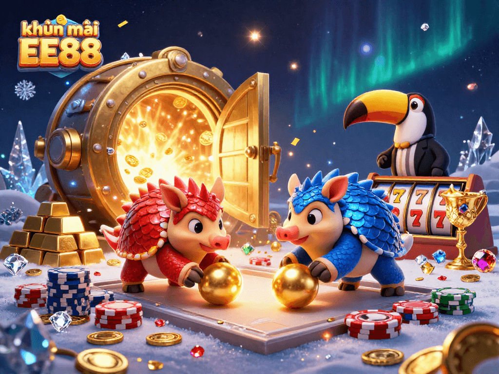 Engage with khuyến mãi EE88 in a vibrant 3D casino scene featuring dynamic pangolins and treasure elements.