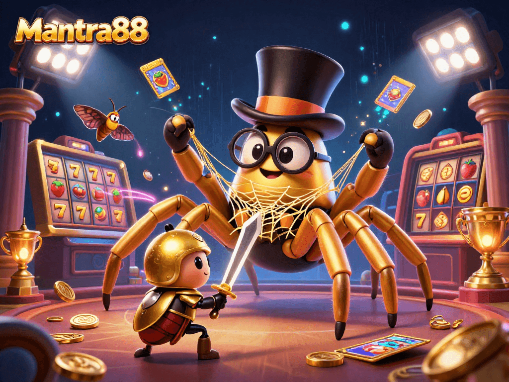 Experience mantra88 with a golden tarantula and a knight amidst vibrant slot reels.