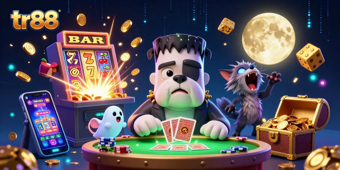 Engage with tr88's exciting casino atmosphere featuring characters at a card table surrounded by winnings.