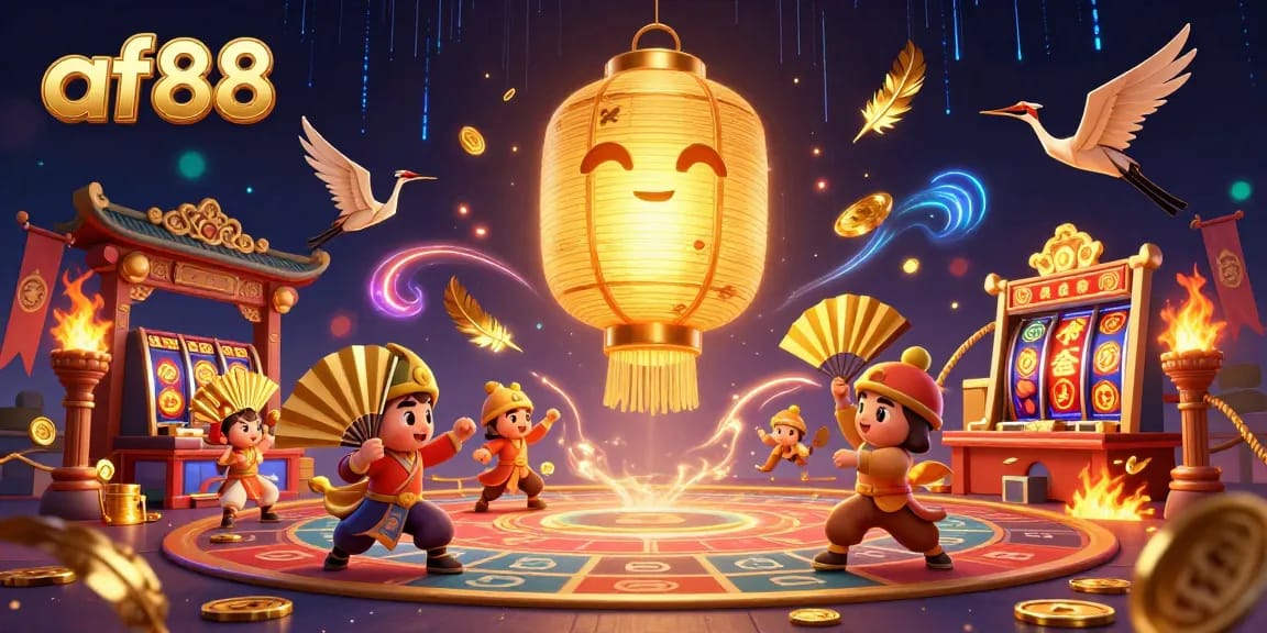 Experience thrilling gaming at af88 casino with a vibrant 3D illustration of lucky symbols and dynamic characters.
