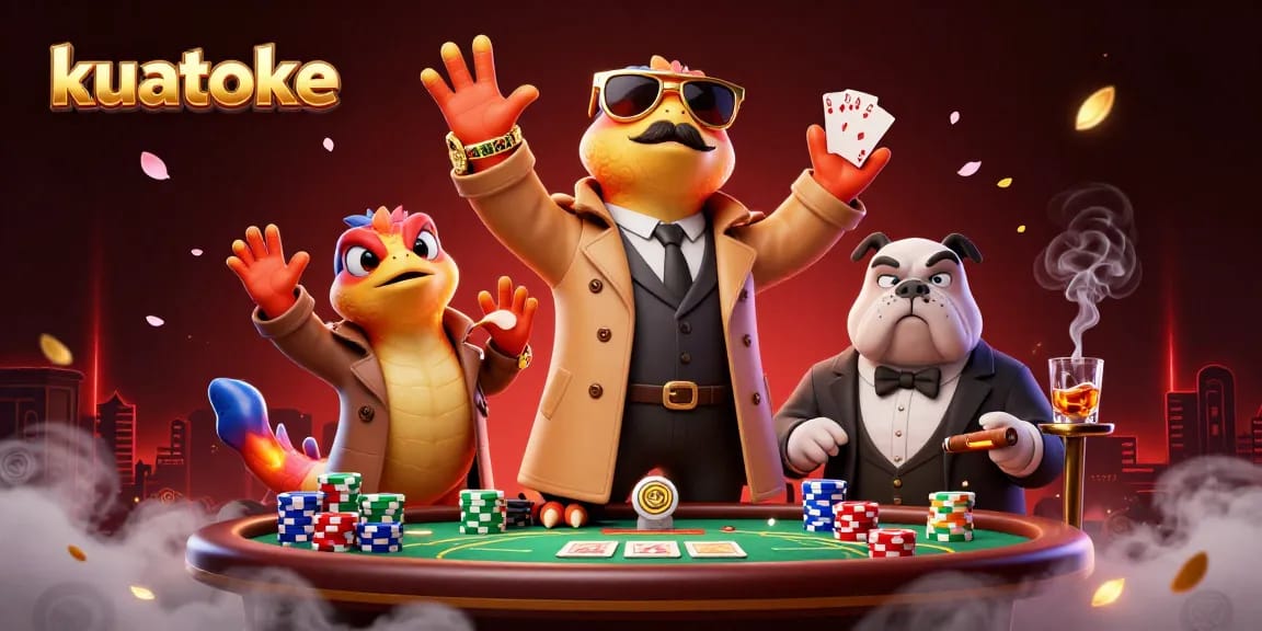Kuatoke casino scene featuring raptors and a bulldog bouncer amidst poker elements and atmospheric details.