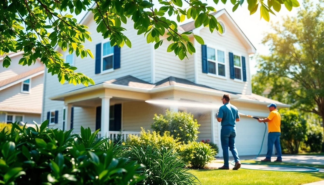 House Washing service showcasing a team cleaning a home with pressure washers, emphasizing professional exterior maintenance.