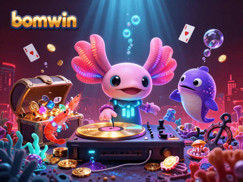 Experience thrilling gameplay at bomwin with neon characters spinning records in an underwater casino.