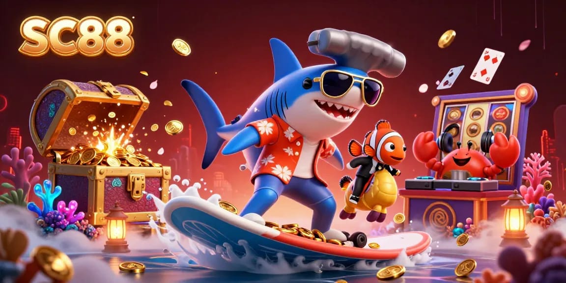 Experience the thrill of SC88 Casino with a shark surfing on gold coins, featuring vibrant game elements.
