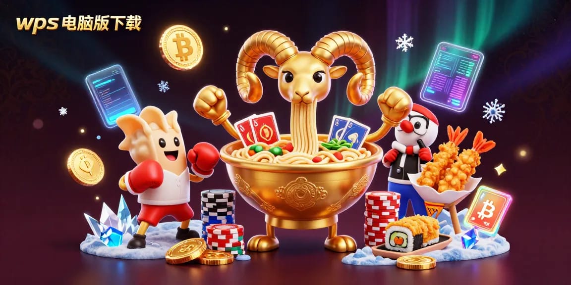 在图像中，wps电脑版下载展示了一个巨大的金色拉面碗和一群主题角色，它们愉悦地进行卡片游戏。