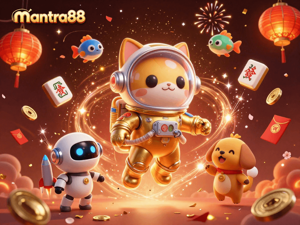 Enjoy thrilling gaming with mantra88, as an astronaut cat floats in a vibrant casino-themed universe.