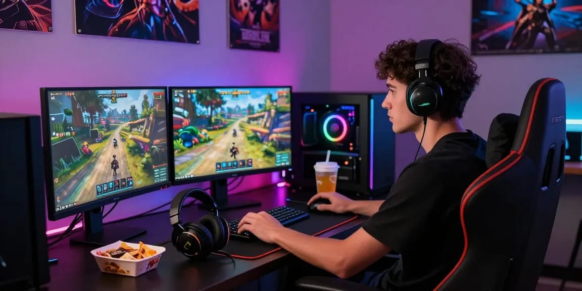 Pengalaman bermain game online di GOKIL33, menunjukkan gamer fokus dengan perangkat modern dan suasana yang energik.