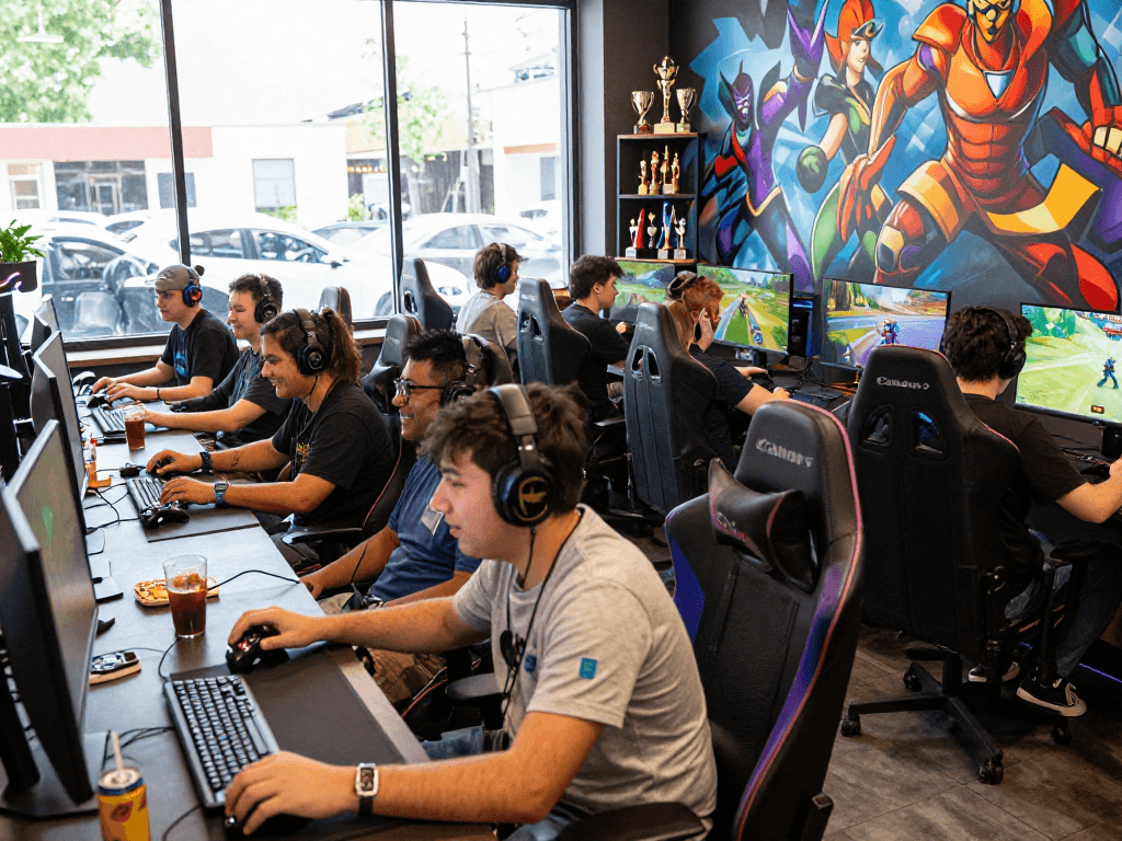 Experience link vào net88 at a vibrant gaming café with diverse gamers and competitive atmosphere.