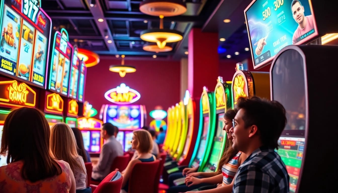 Engaging players enjoying slot gambling in a lively casino atmosphere with colorful machines.