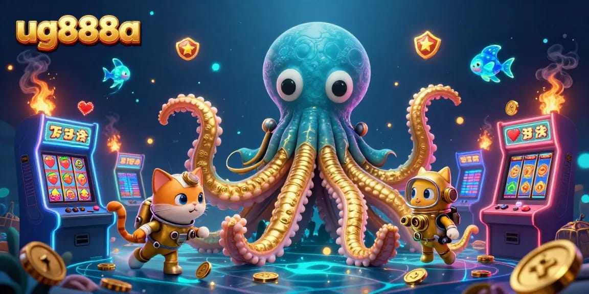 Spin the slot reels with ug888a amidst a treasure-filled ocean featuring a golden kraken.