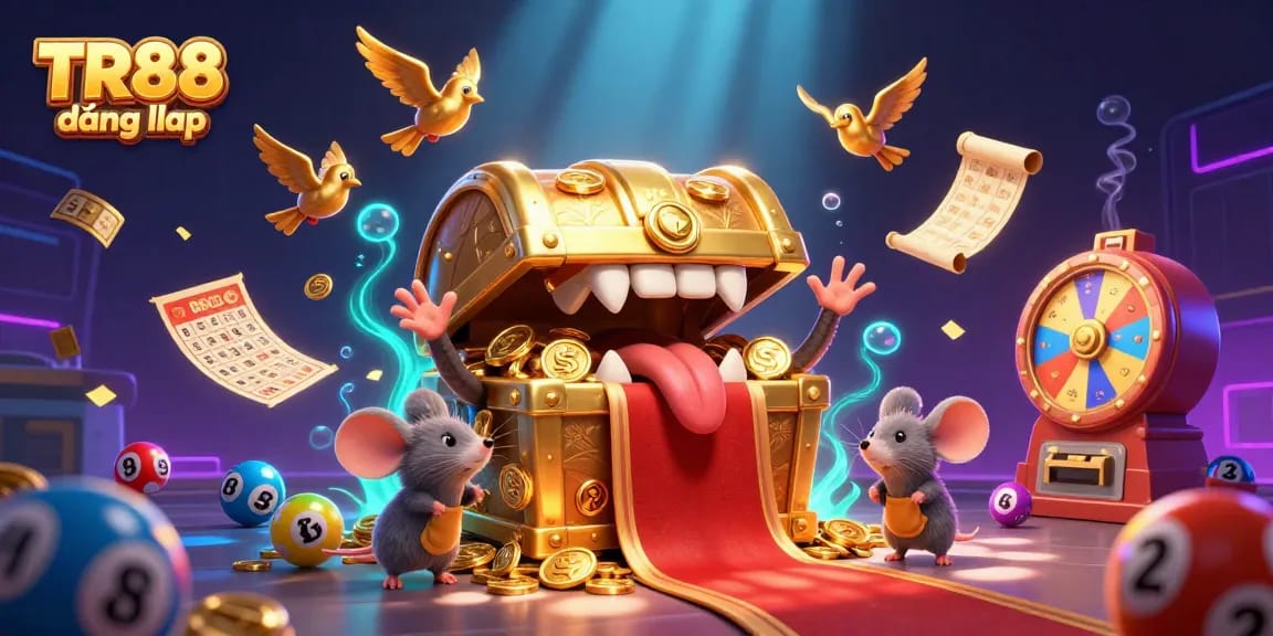 Engage in rich gaming experiences with TR88 đăng nhập as colorful lottery elements surround a treasure chest mimic.