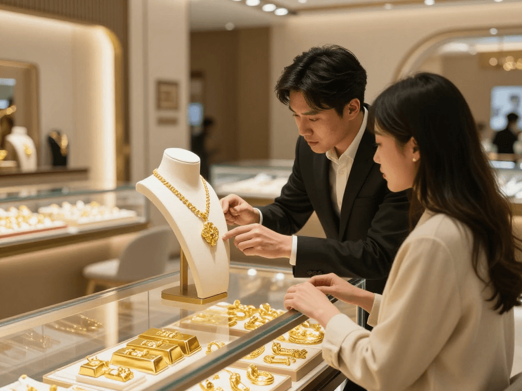 mantra 88 gold jewelry shopping experience in a luxurious store.
