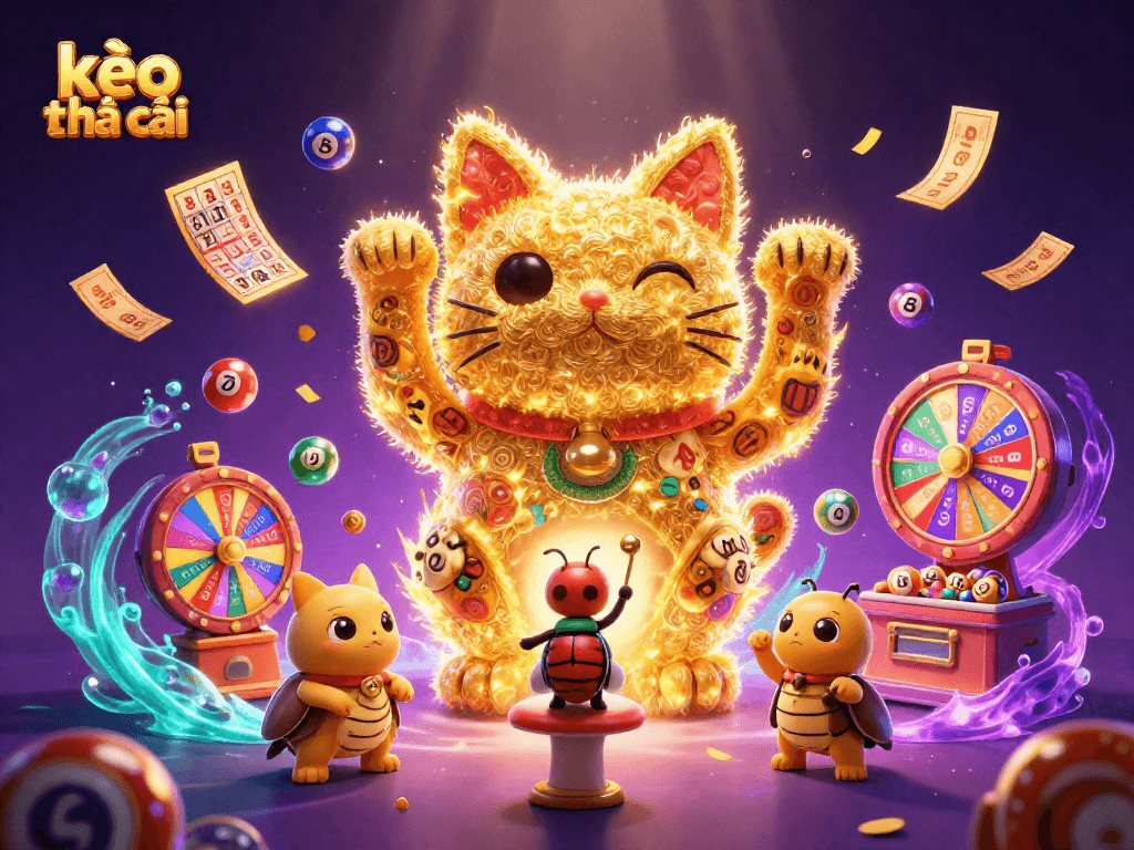 Engage with kèo nhà cái through a vibrant 3D illustration of a lucky cat, lottery elements, and casino symbols.