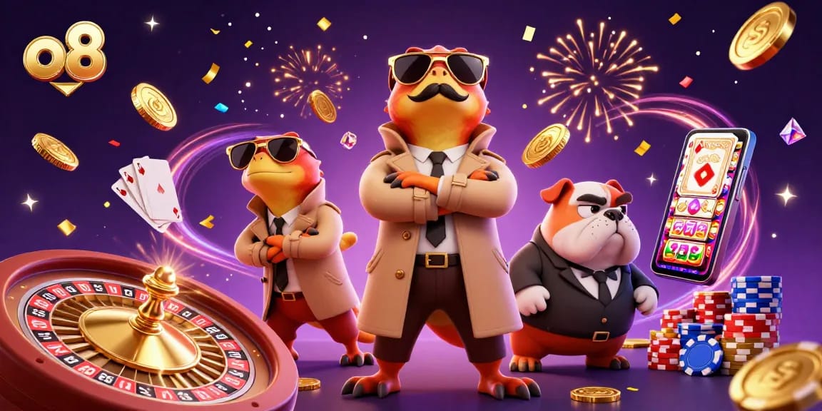 Experience thrilling VIP entry at o8 casino, as raptors unite with golden coins and vibrant elements.