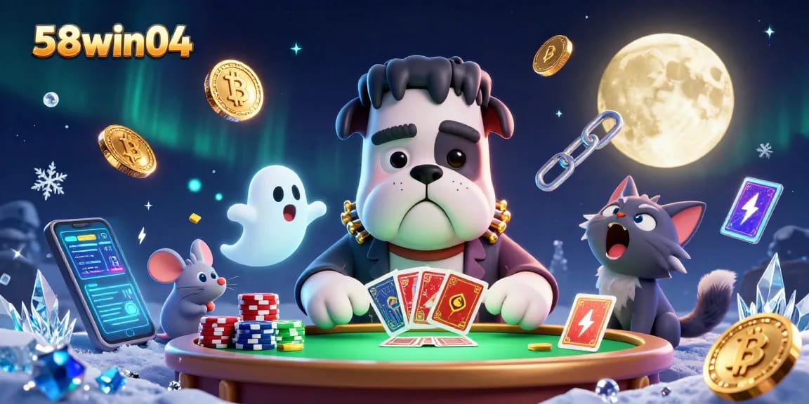Play lively games at 58win04 with engaging characters and glowing crypto elements on a vibrant casino table.