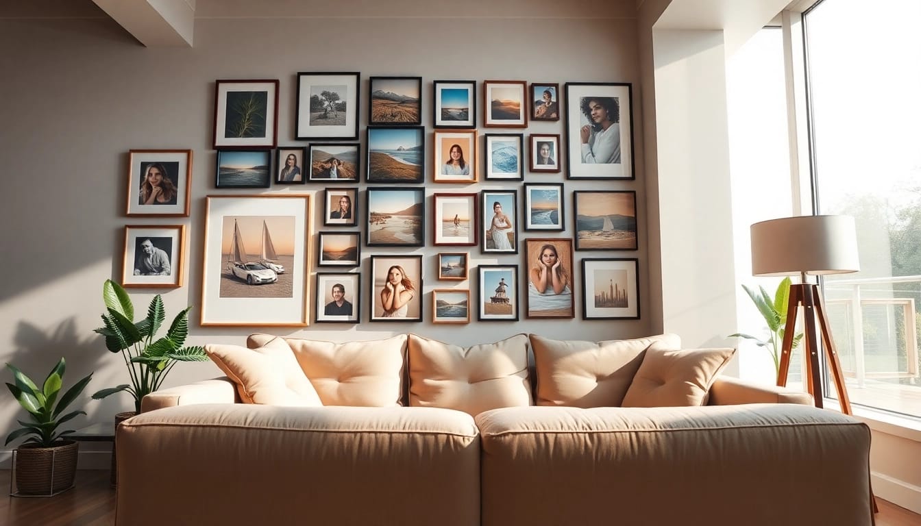 Showcasing a creative photo wall in a stylish living room with bright lighting.