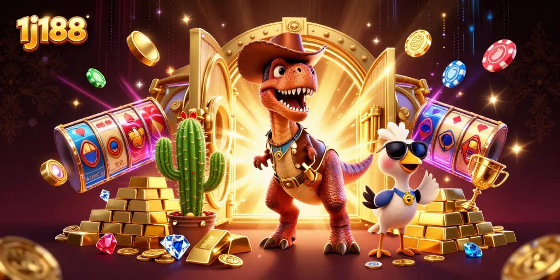Engage in thrilling gaming adventures with 1j188's vibrant casino scene featuring T-Rex and treasures.