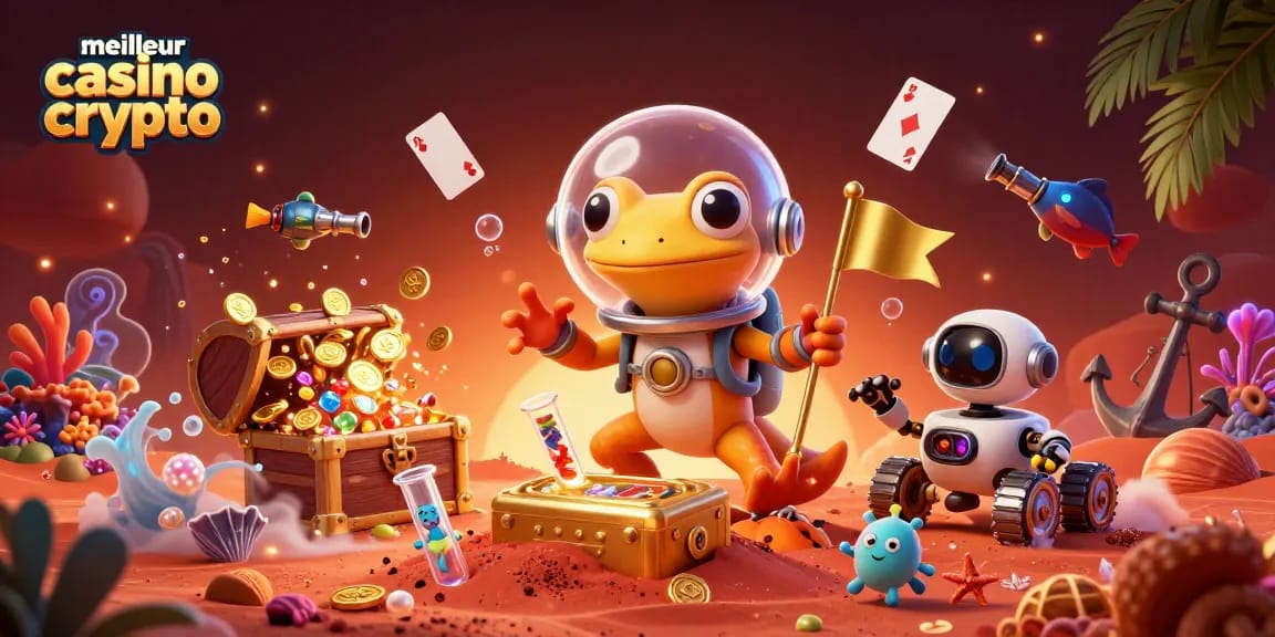Découvrez le meilleur casino crypto avec un gécko martien explorant un casino doré et des éléments de jeu captivants.