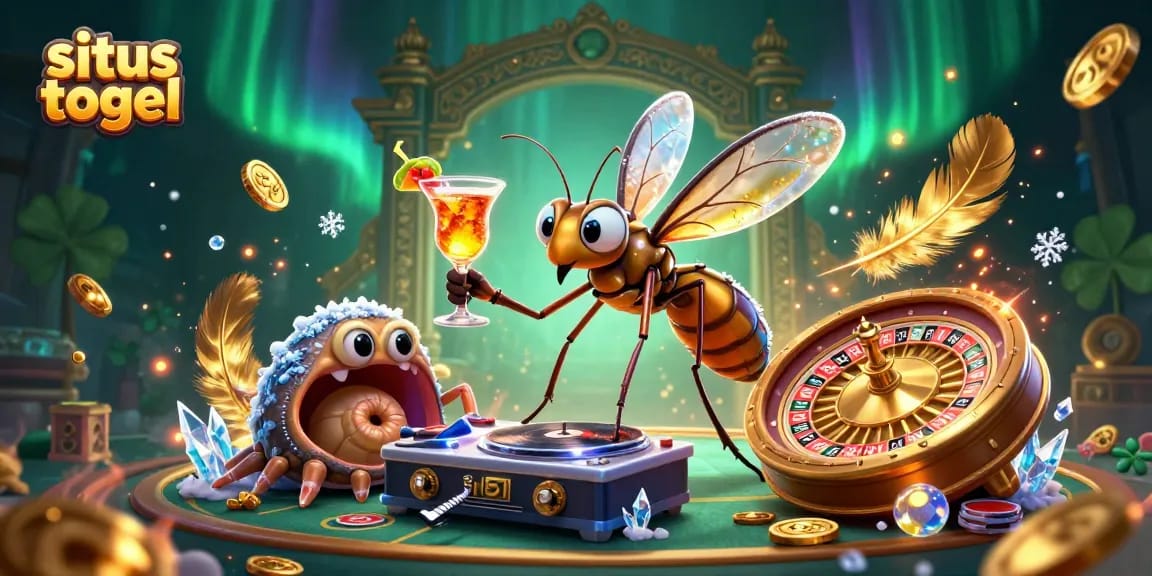 situs togel gaming scene with vibrant characters, a lottery mascot, and dynamic casino elements